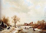 Famous Frozen Paintings - Winterlandschap A Winter Landscape With Skaters On A Frozen Waterway And Peasants By A Farm In The Foreground